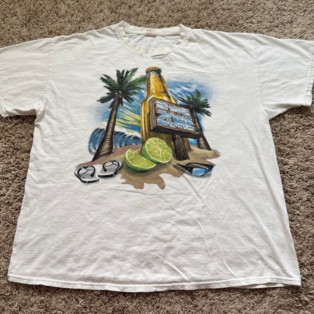 Vintage Gildan No Work Zone Graphic T-Shirt White Beach Beer Limes Corona Y2K XL